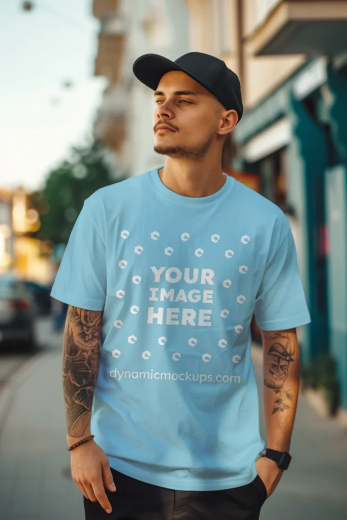 Man Wearing Sky Blue T-shirt Mockup Front View Template