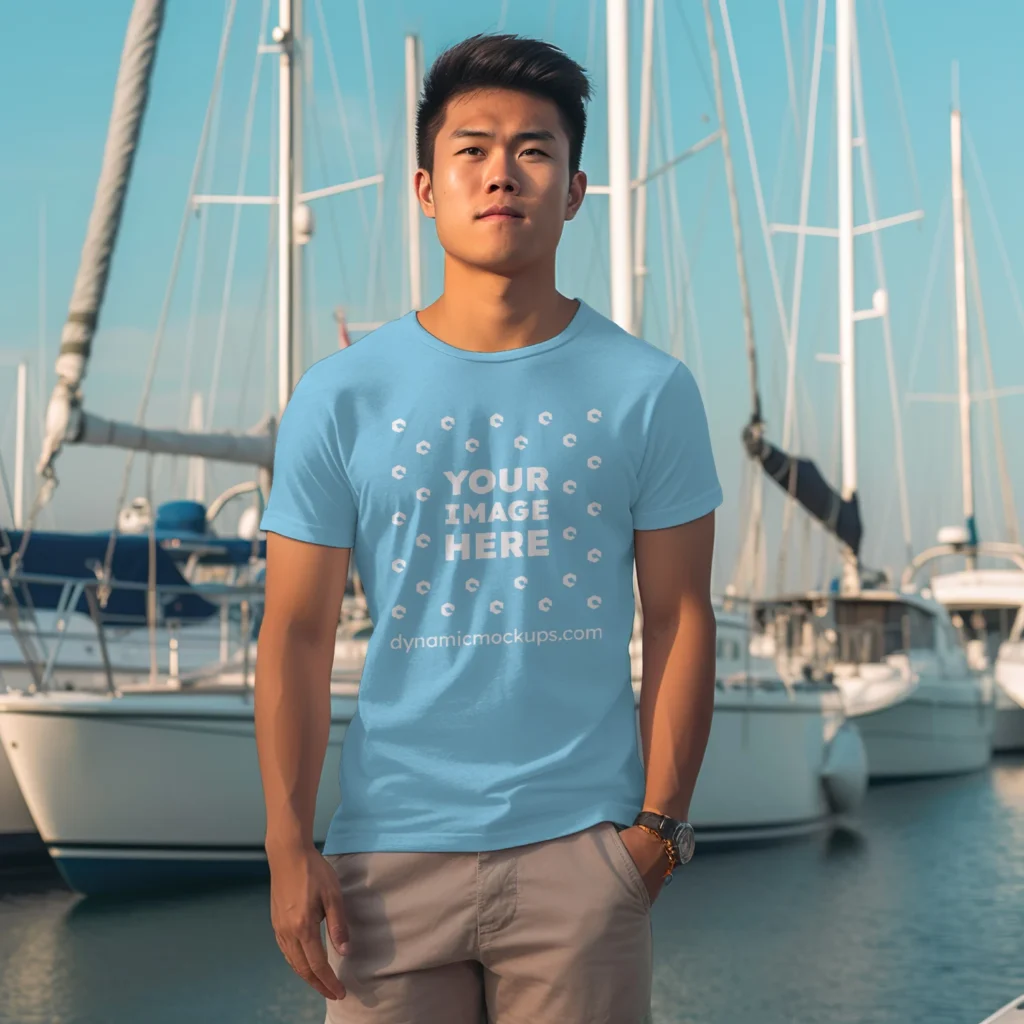 Man Wearing Sky Blue T-shirt Mockup Front View Template