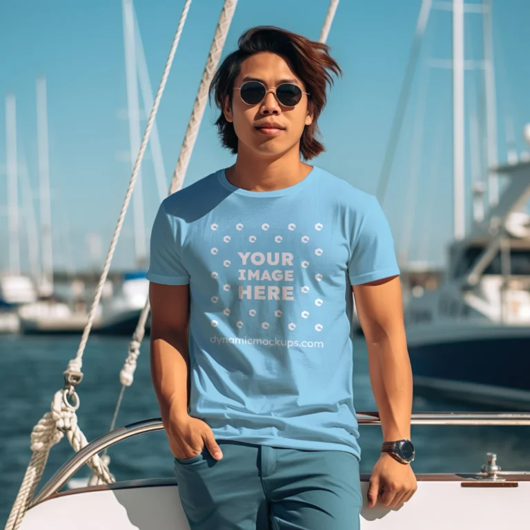 Man Wearing Sky Blue T-shirt Mockup Front View Template