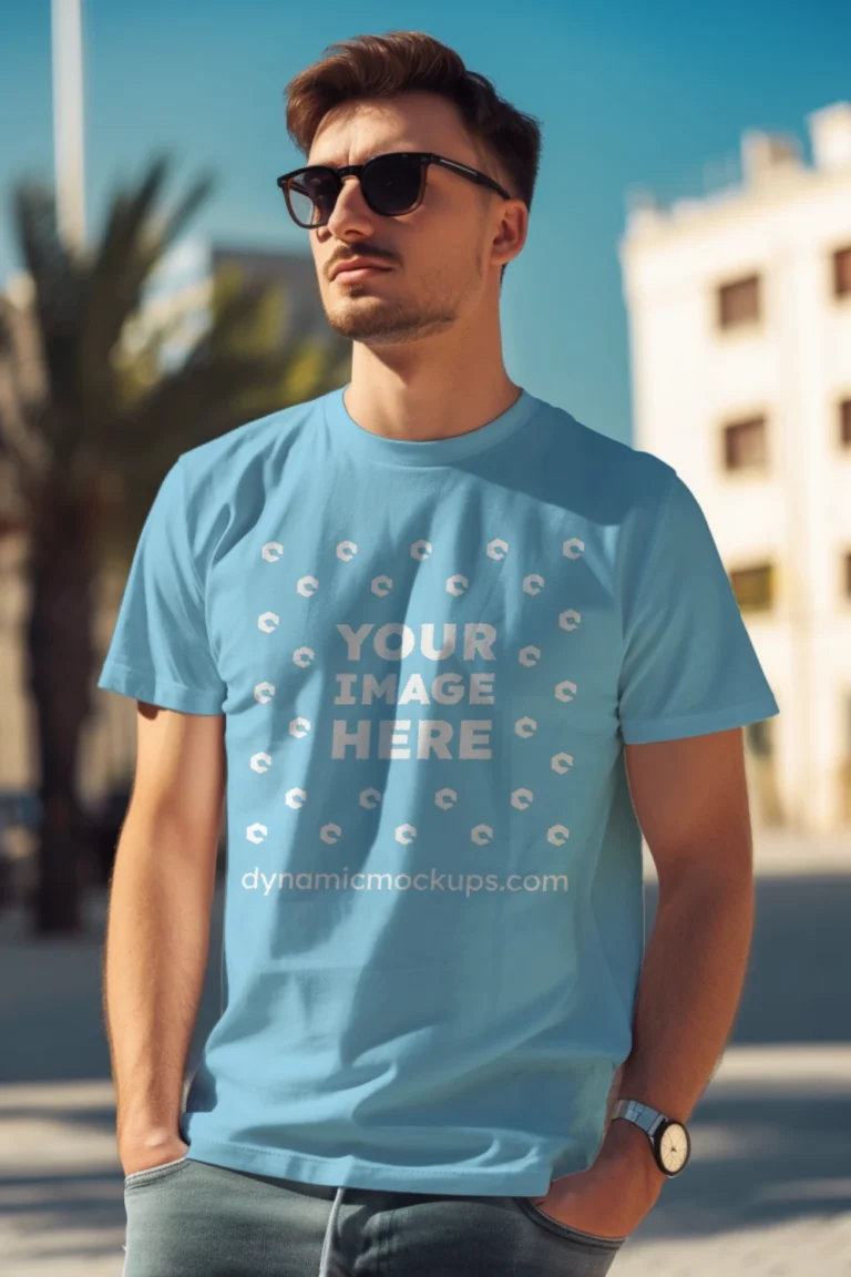 Man Wearing Sky Blue T-shirt Mockup Front View Template