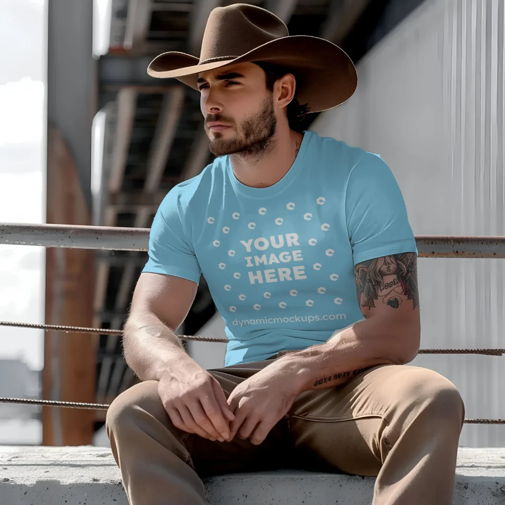 Man Wearing Sky Blue T-shirt Mockup Front View Template