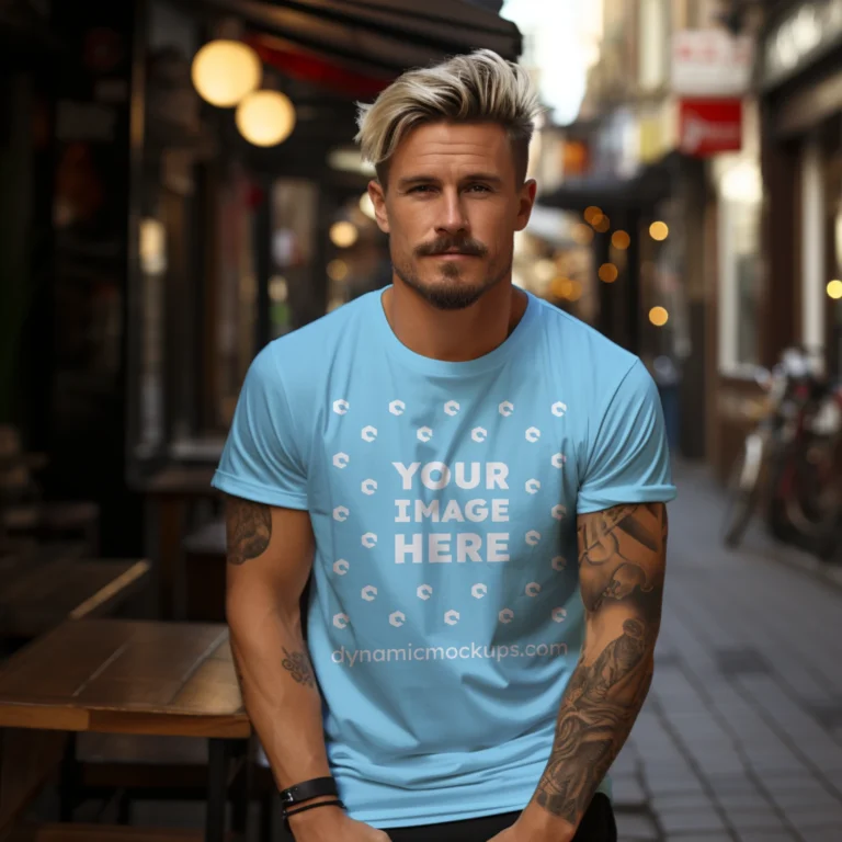 Man Wearing Sky Blue T-shirt Mockup Front View Template