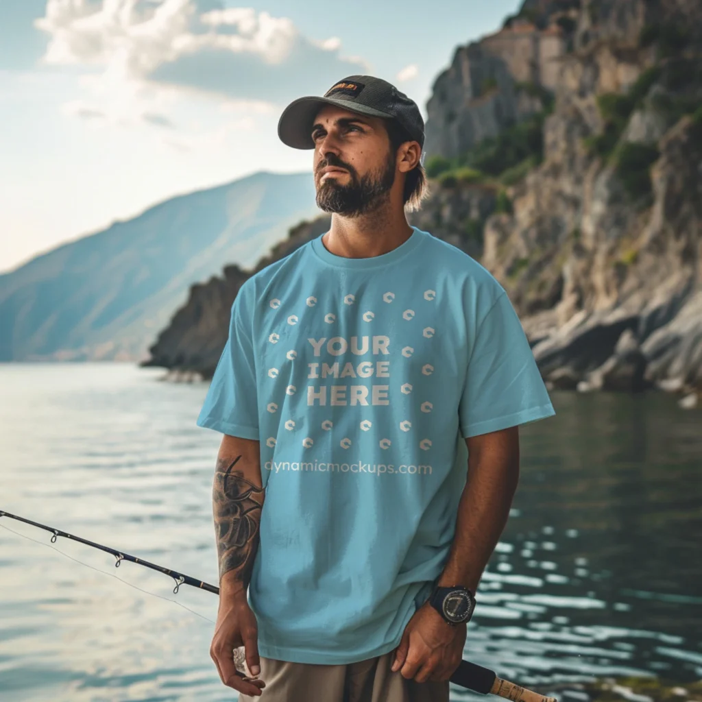 Man Wearing Sky Blue T-shirt Mockup Front View Template