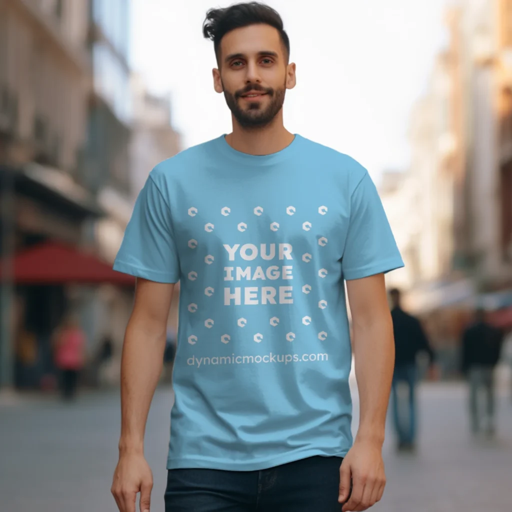 Man Wearing Sky Blue T-shirt Mockup Front View Template