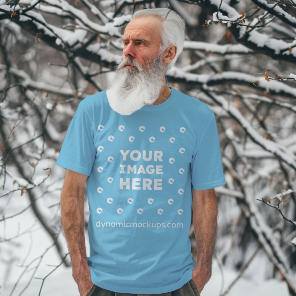 Man Wearing Sky Blue T-shirt Mockup Front View Template