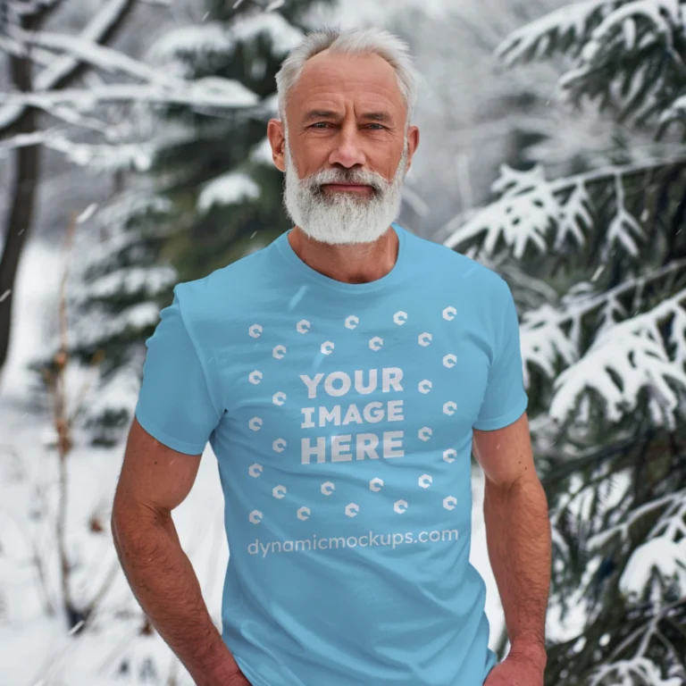 Man Wearing Sky Blue T-shirt Mockup Front View Template