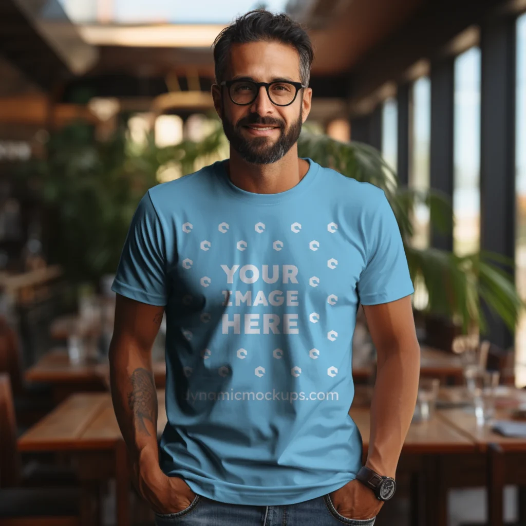 Man Wearing Sky Blue T-shirt Mockup Front View Template