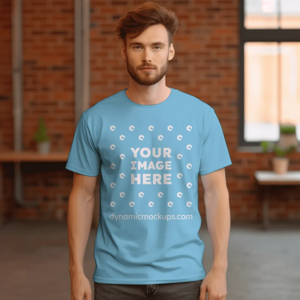 Man Wearing Sky Blue T-shirt Mockup Front View Template