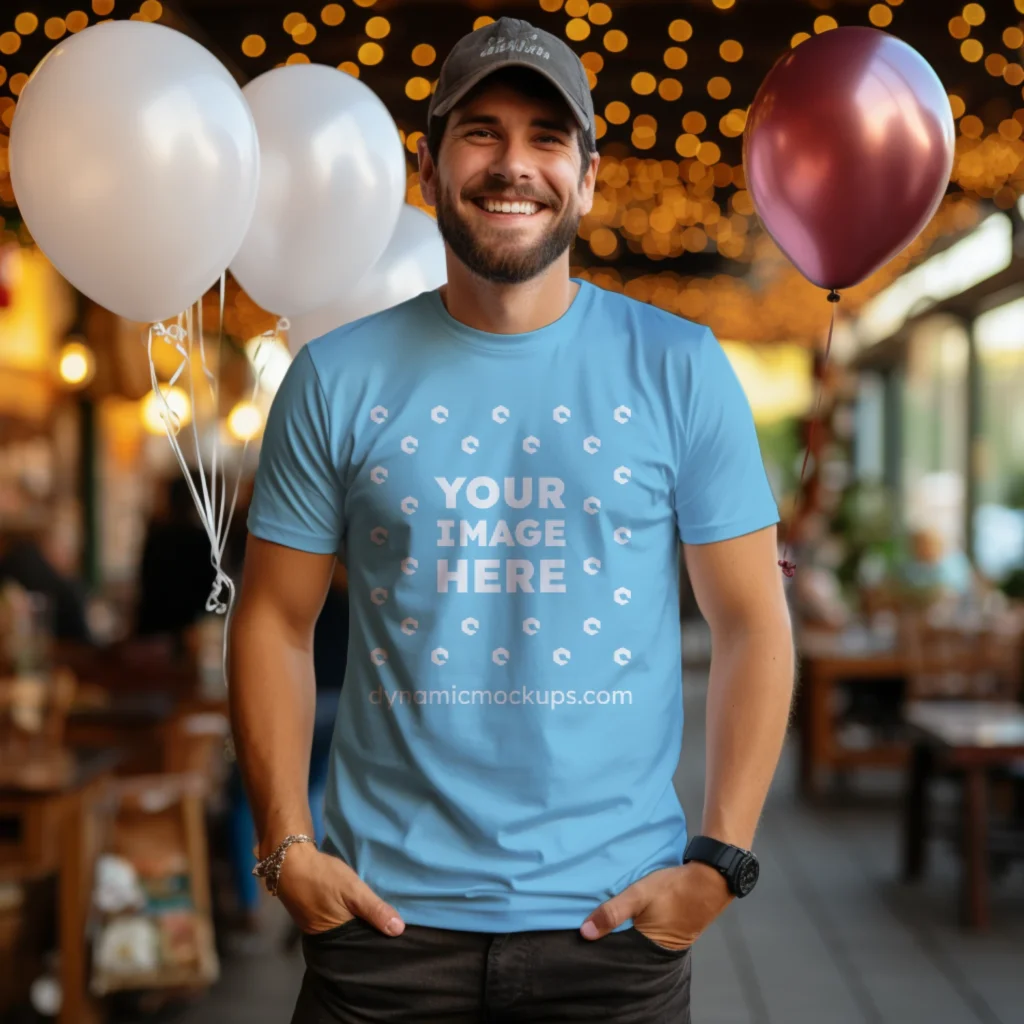 Man Wearing Sky Blue T-shirt Mockup Front View Template