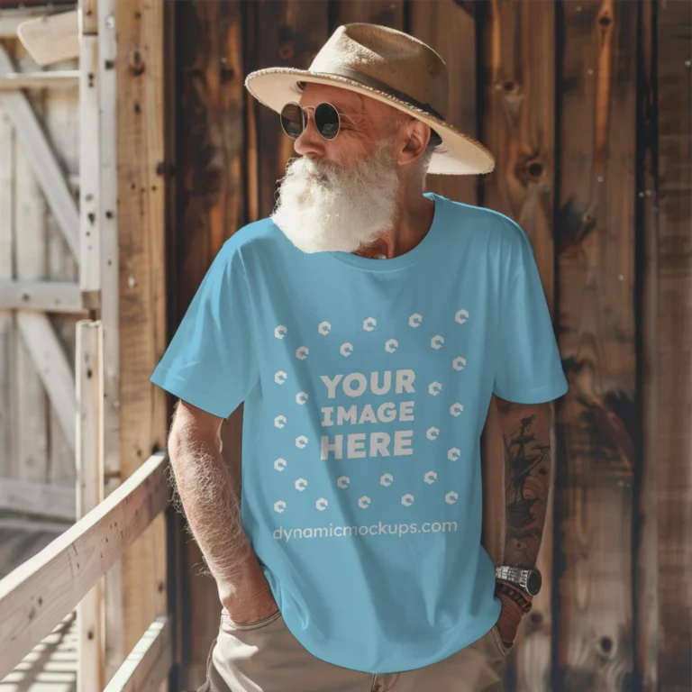 Man Wearing Sky Blue T-shirt Mockup Front View Template