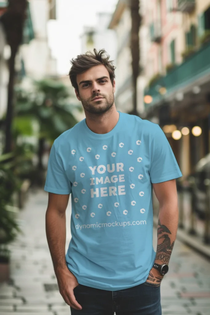 Man Wearing Sky Blue T-shirt Mockup Front View Template