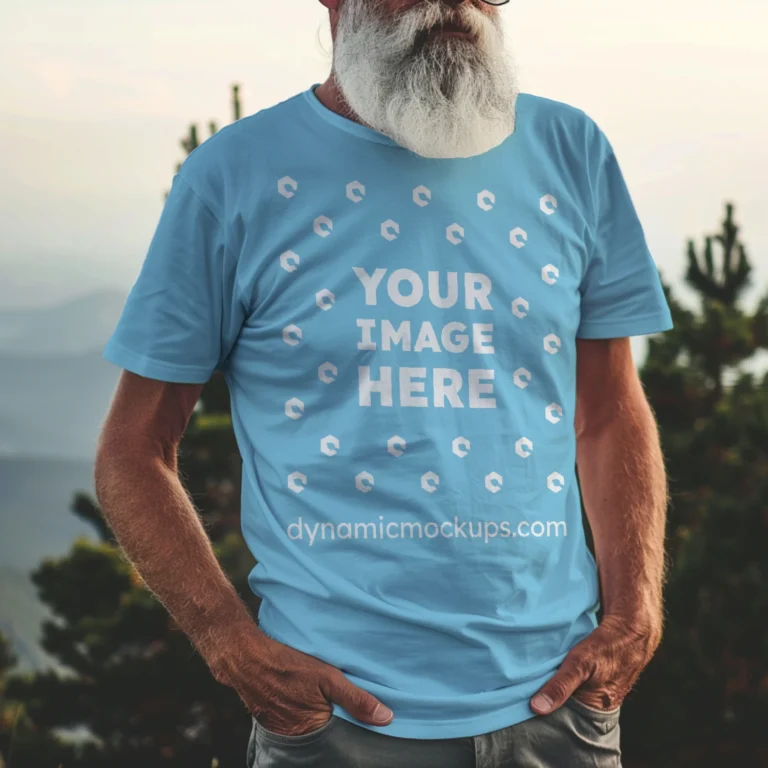 Man Wearing Sky Blue T-shirt Mockup Front View Template