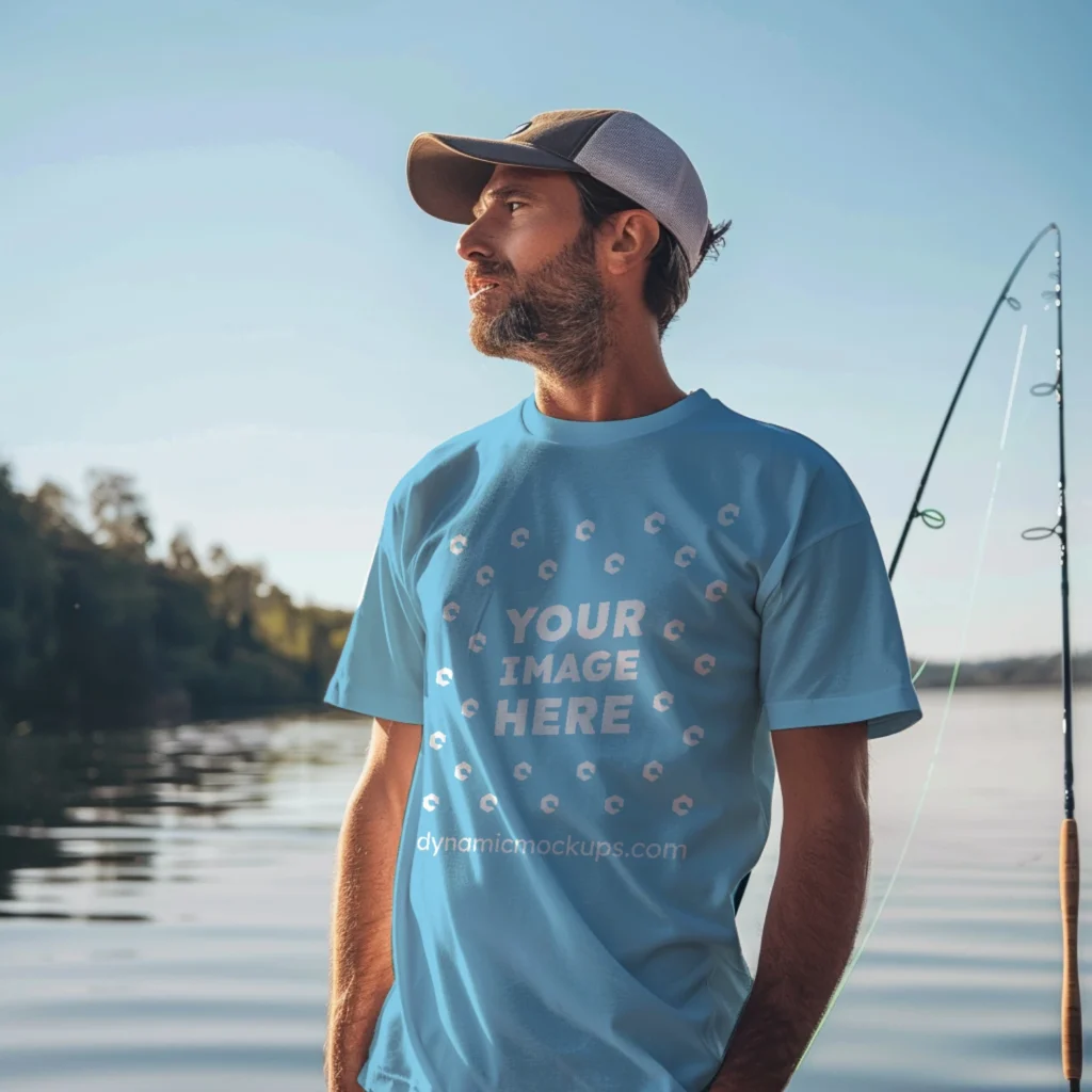 Man Wearing Sky Blue T-shirt Mockup Front View Template