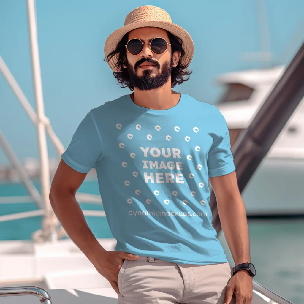 Man Wearing Sky Blue T-shirt Mockup Front View Template