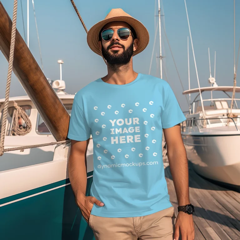 Man Wearing Sky Blue T-shirt Mockup Front View Template