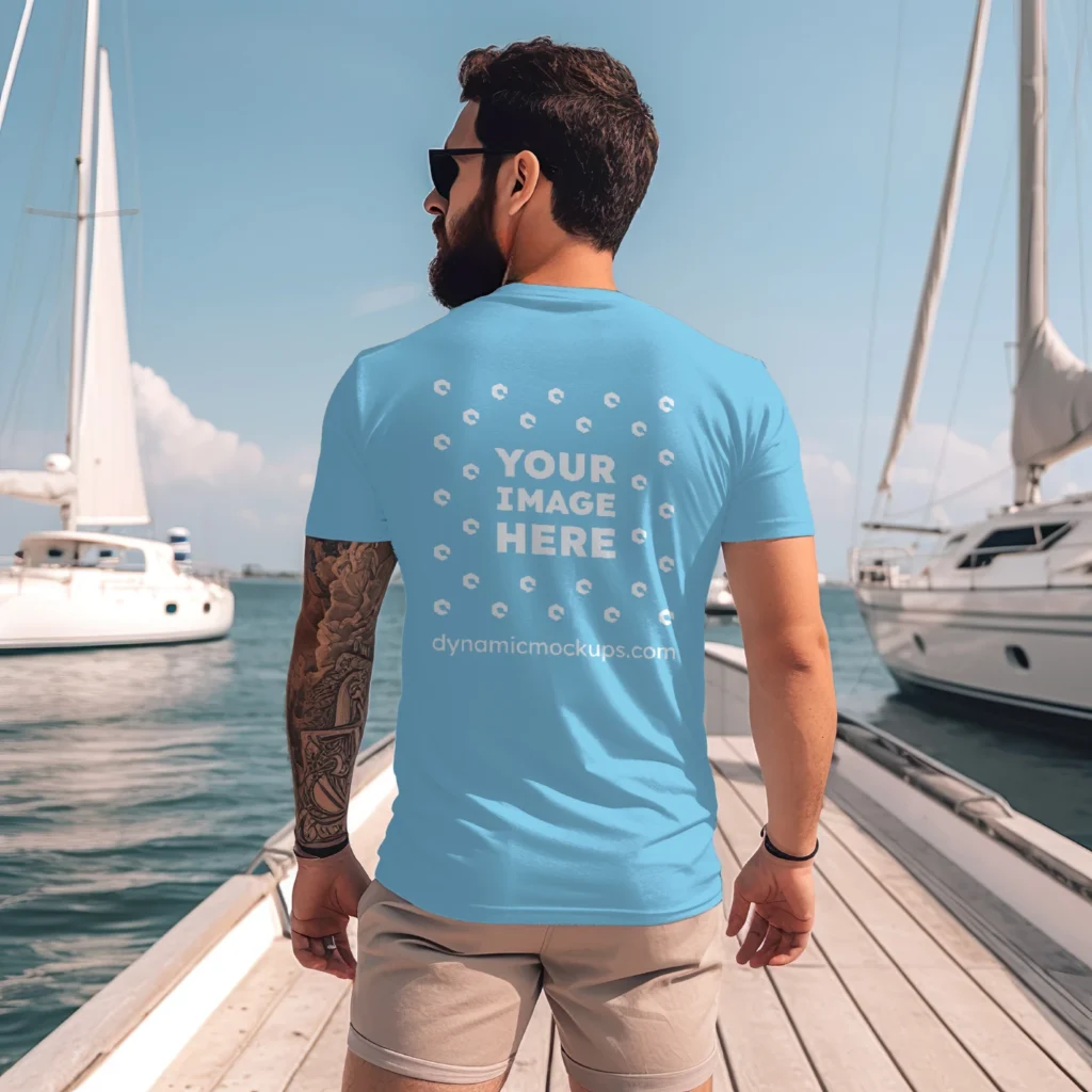 Man Wearing Sky Blue T-shirt Mockup Front View Template