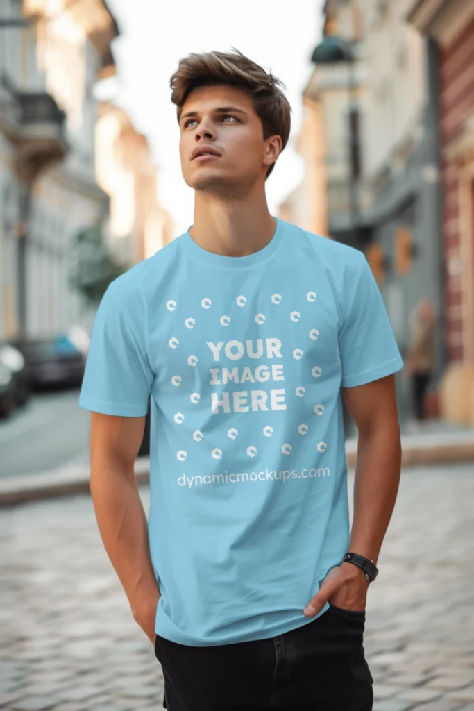 Man Wearing Sky Blue T-shirt Mockup Front View Template