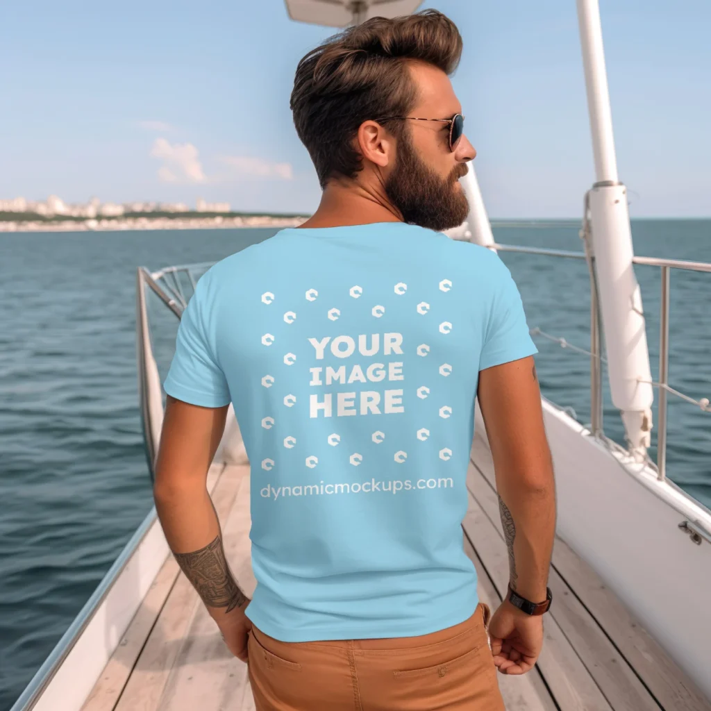 Man Wearing Sky Blue T-shirt Mockup Back View Template