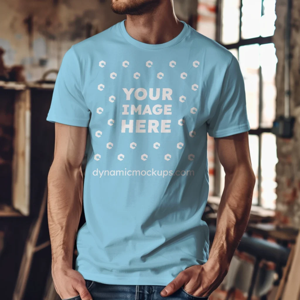 Man Wearing Sky Blue T-shirt Mockup Front View Template