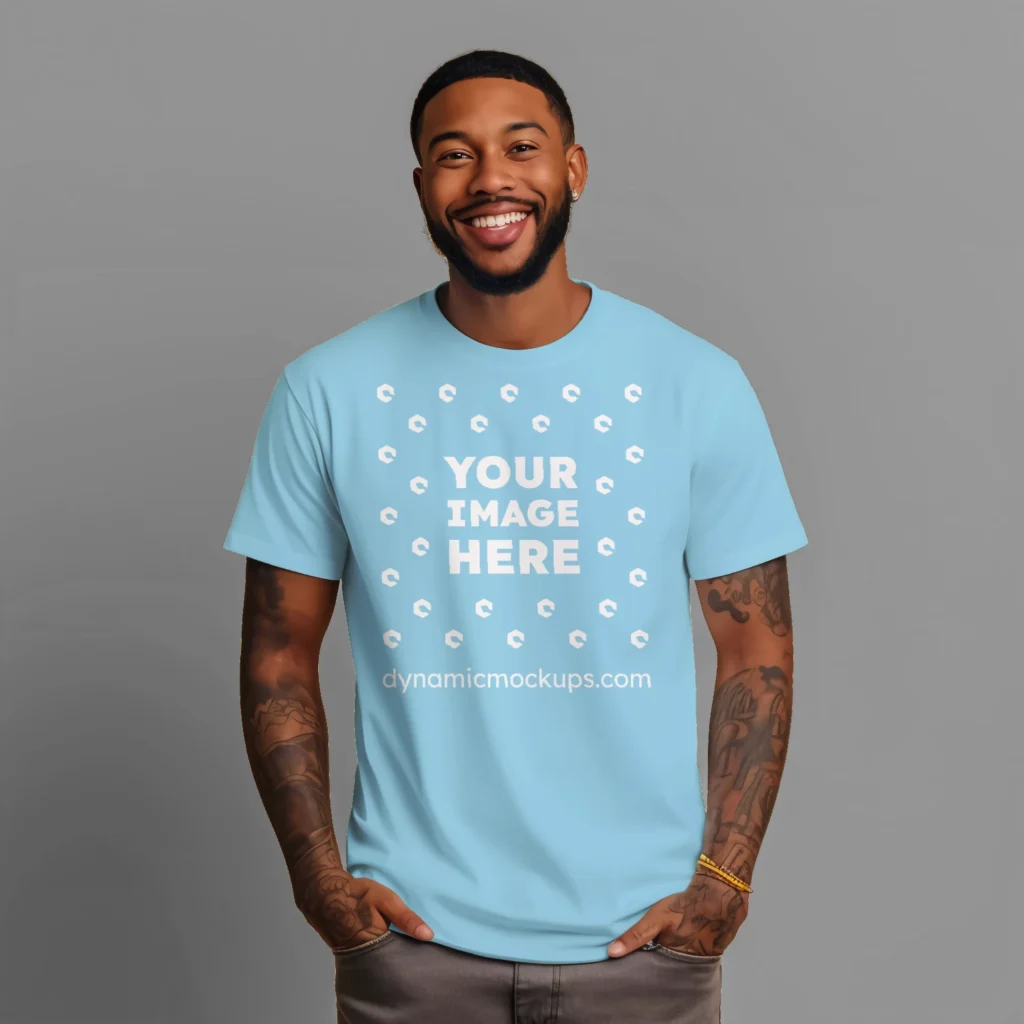 Man Wearing Sky Blue T-shirt Mockup Front View Template