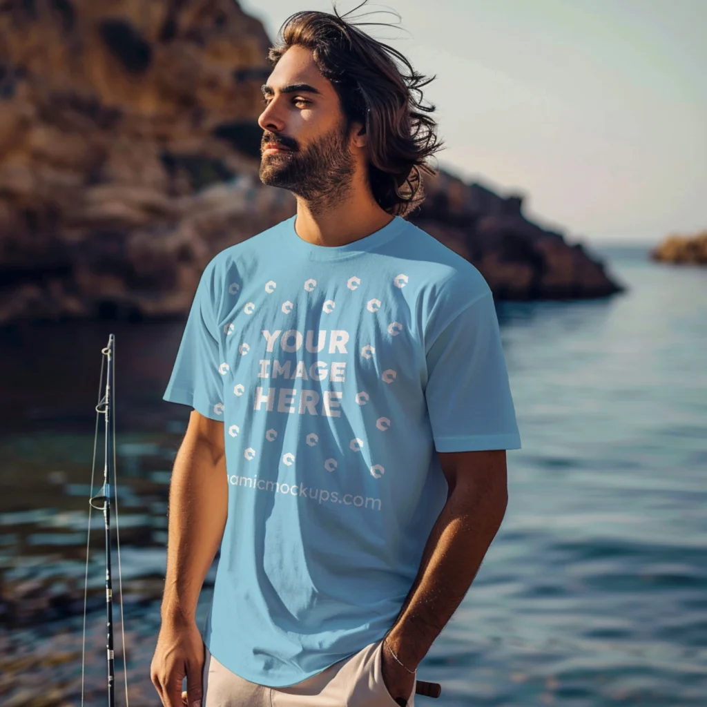 Man Wearing Sky Blue T-shirt Mockup Front View Template