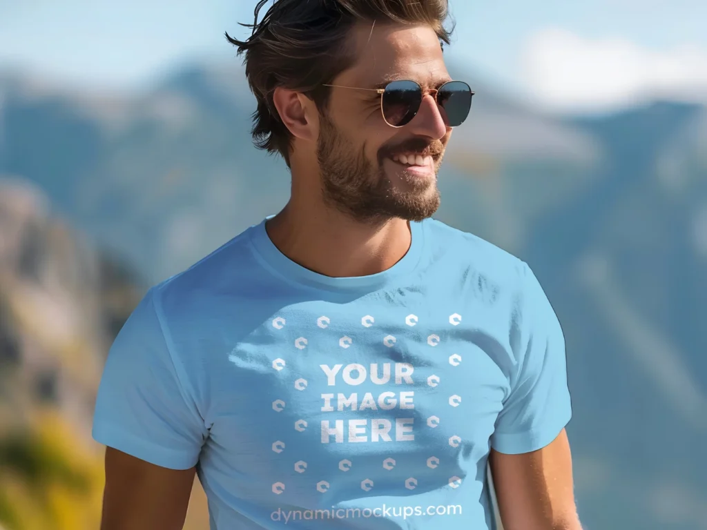 Man Wearing Sky Blue T-shirt Mockup Front View Template