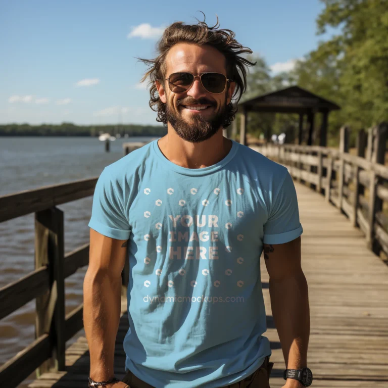 Man Wearing Sky Blue T-shirt Mockup Front View Template