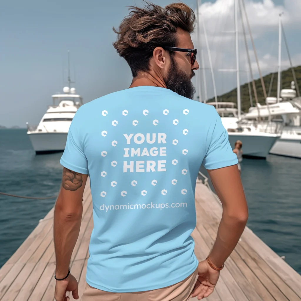 Man Wearing Sky Blue T-shirt Mockup Back View Template