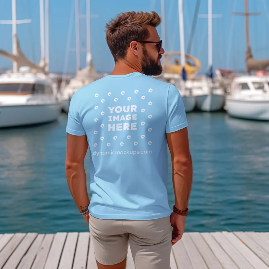 Man Wearing Sky Blue T-shirt Mockup Back View Template