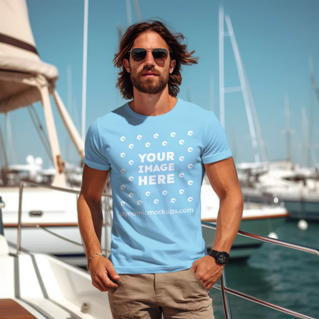 Man Wearing Sky Blue T-shirt Mockup Front View Template