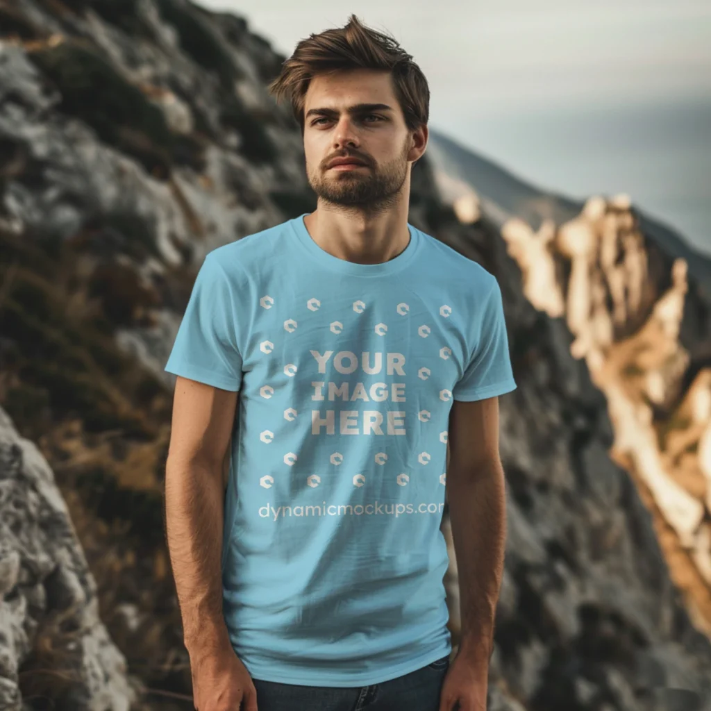 Man Wearing Sky Blue T-shirt Mockup Front View Template