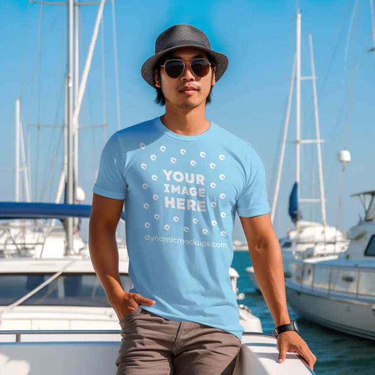 Man Wearing Sky Blue T-shirt Mockup Front View Template