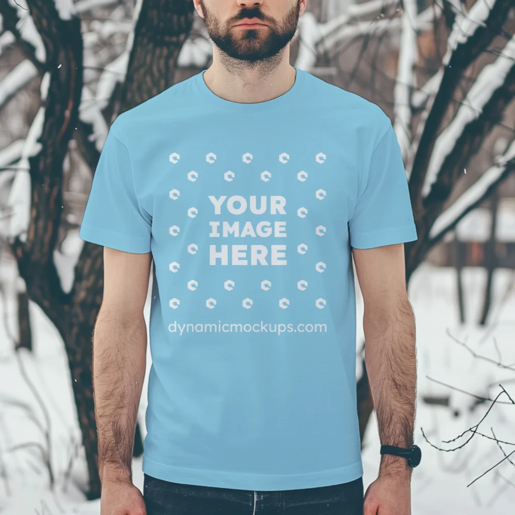 Man Wearing Sky Blue T-shirt Mockup Front View Template