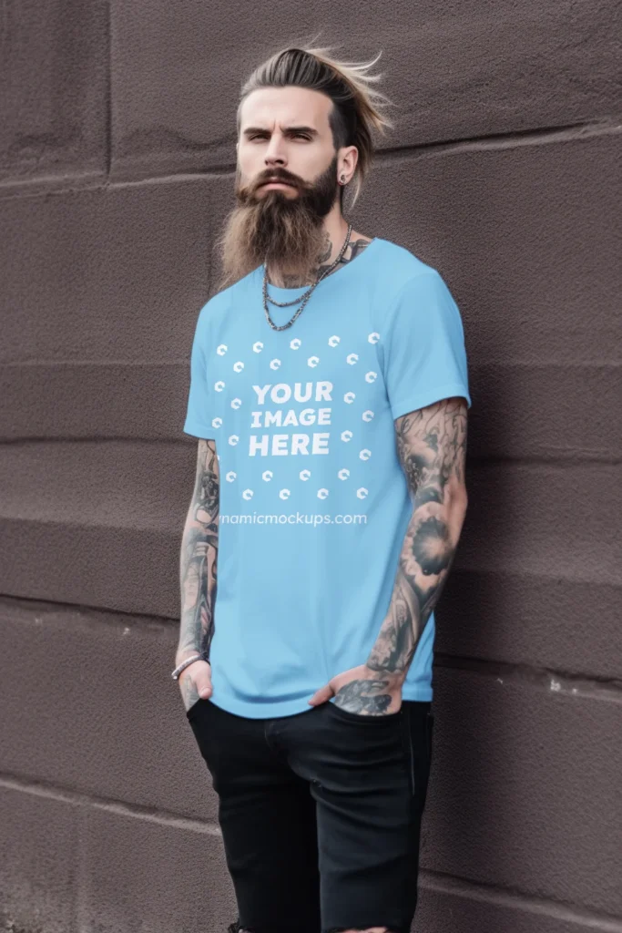 Man Wearing Sky Blue T-shirt Mockup Front View Template