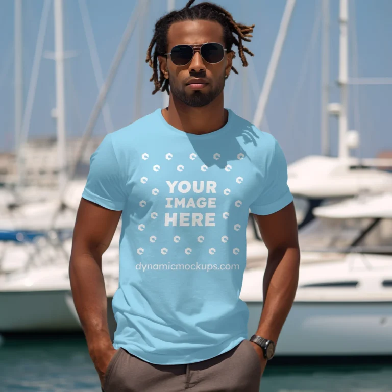 Man Wearing Sky Blue T-shirt Mockup Front View Template