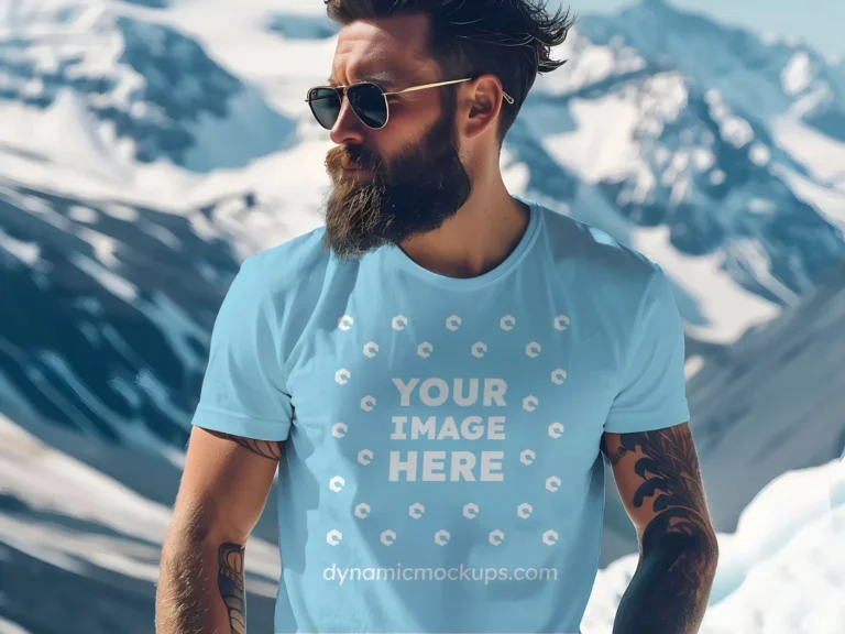 Man Wearing Sky Blue T-shirt Mockup Front View Template