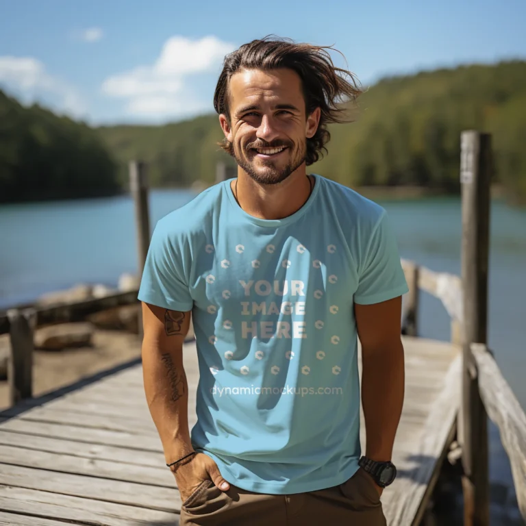 Man Wearing Sky Blue T-shirt Mockup Front View Template