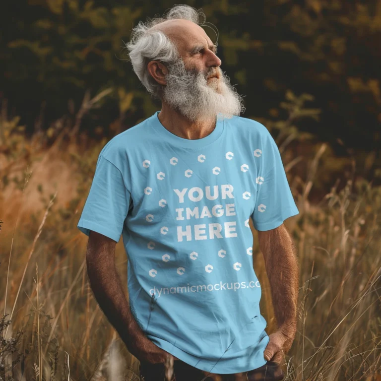 Man Wearing Sky Blue T-shirt Mockup Front View Template