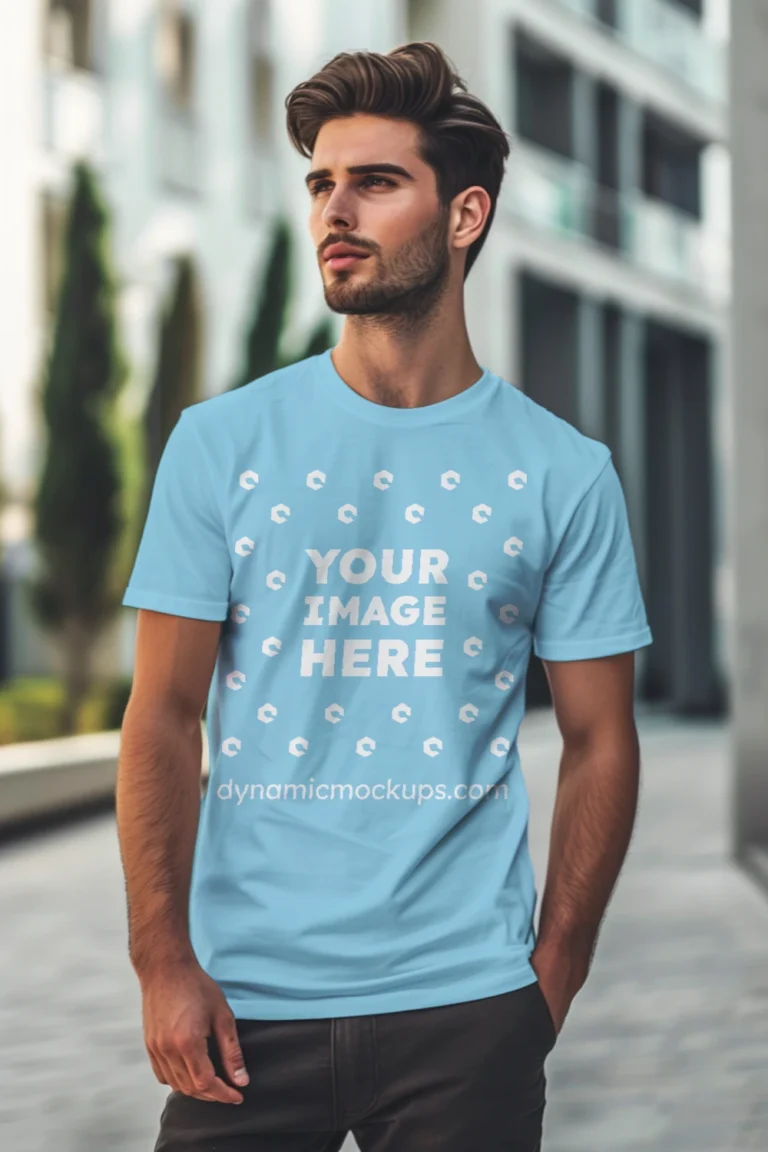 Man Wearing Sky Blue T-shirt Mockup Front View Template