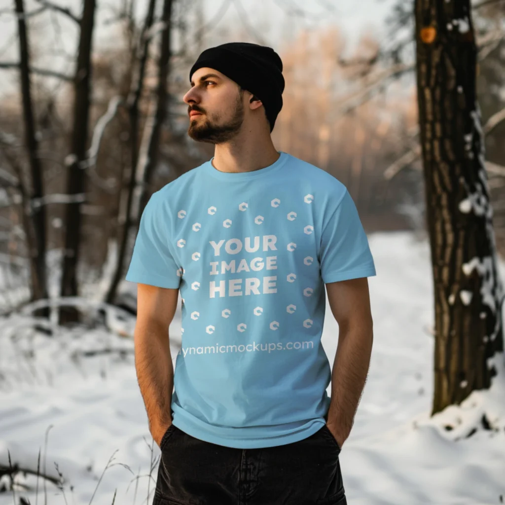 Man Wearing Sky Blue T-shirt Mockup Front View Template