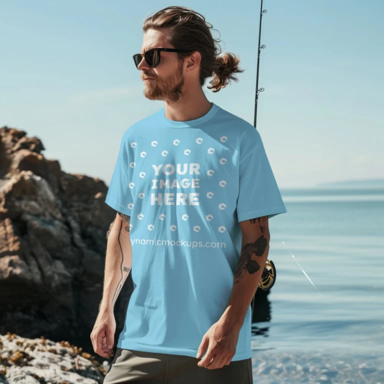 Man Wearing Sky Blue T-shirt Mockup Front View Template