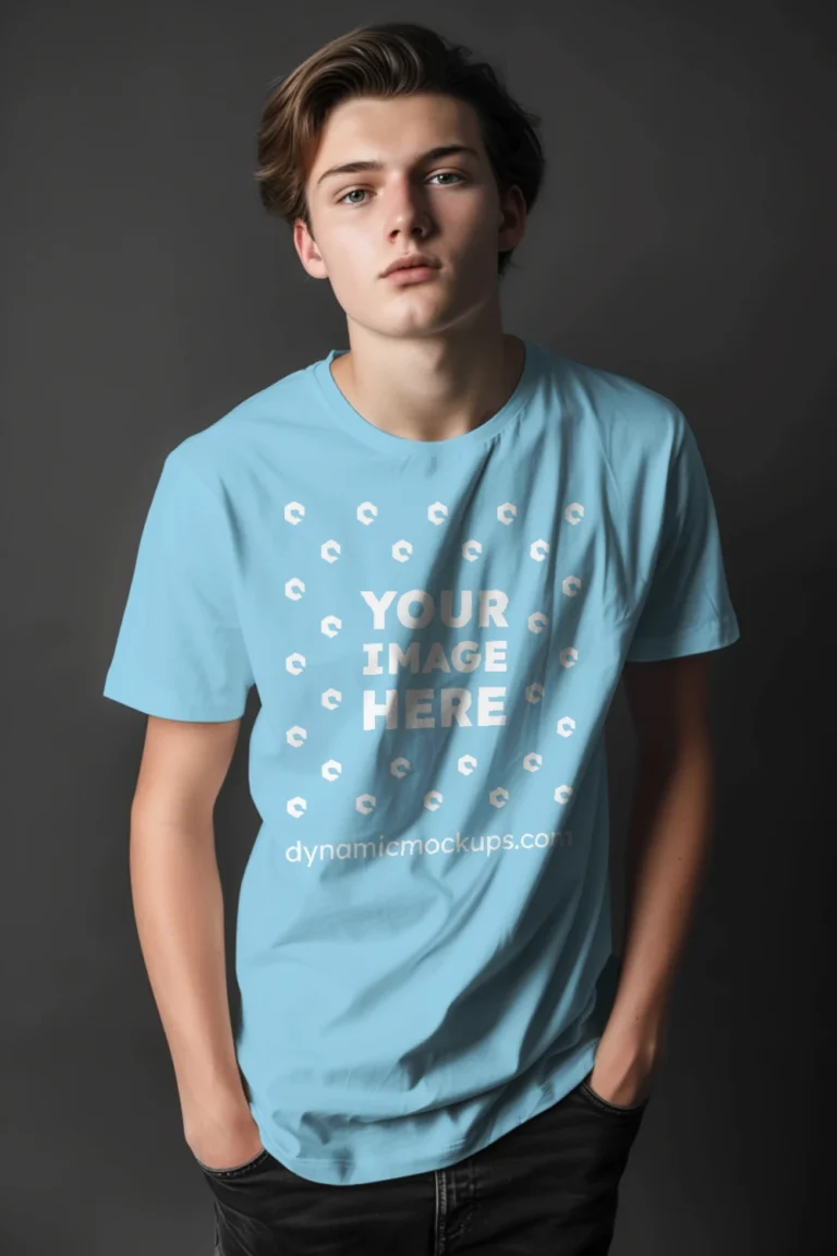 Man Wearing Sky Blue T-shirt Mockup Front View Template