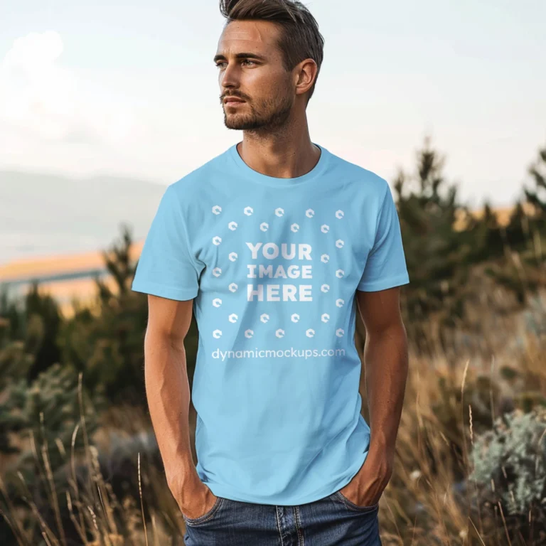 Man Wearing Sky Blue T-shirt Mockup Front View Template