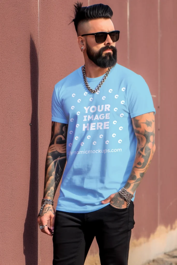 Man Wearing Sky Blue T-shirt Mockup Front View Template