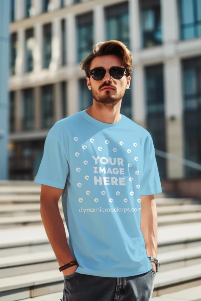 Man Wearing Sky Blue T-shirt Mockup Front View Template