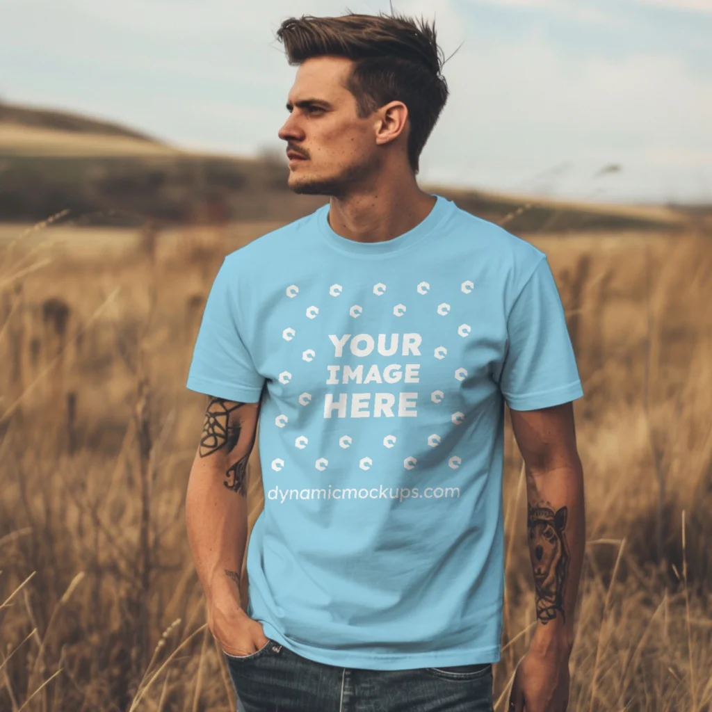 Man Wearing Sky Blue T-shirt Mockup Front View Template