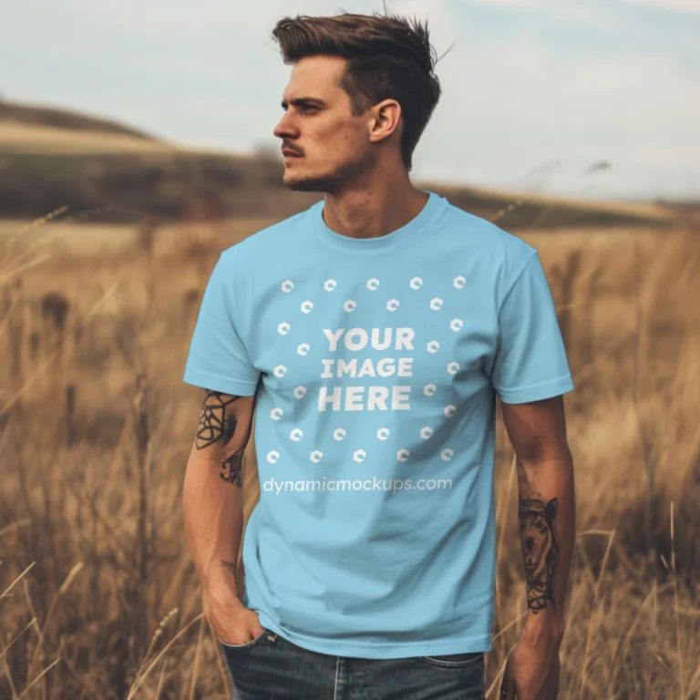 Man Wearing Sky Blue T-shirt Mockup Front View Template