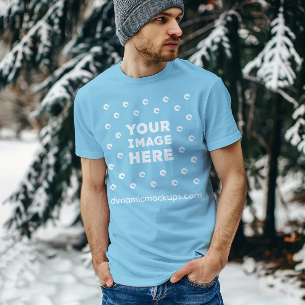 Man Wearing Sky Blue T-shirt Mockup Front View Template