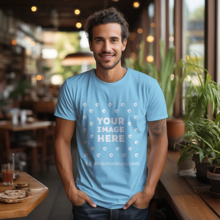 Man Wearing Sky Blue T-shirt Mockup Front View Template