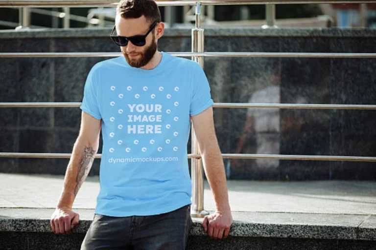 Man Wearing Sky Blue T-shirt Mockup Front View Template